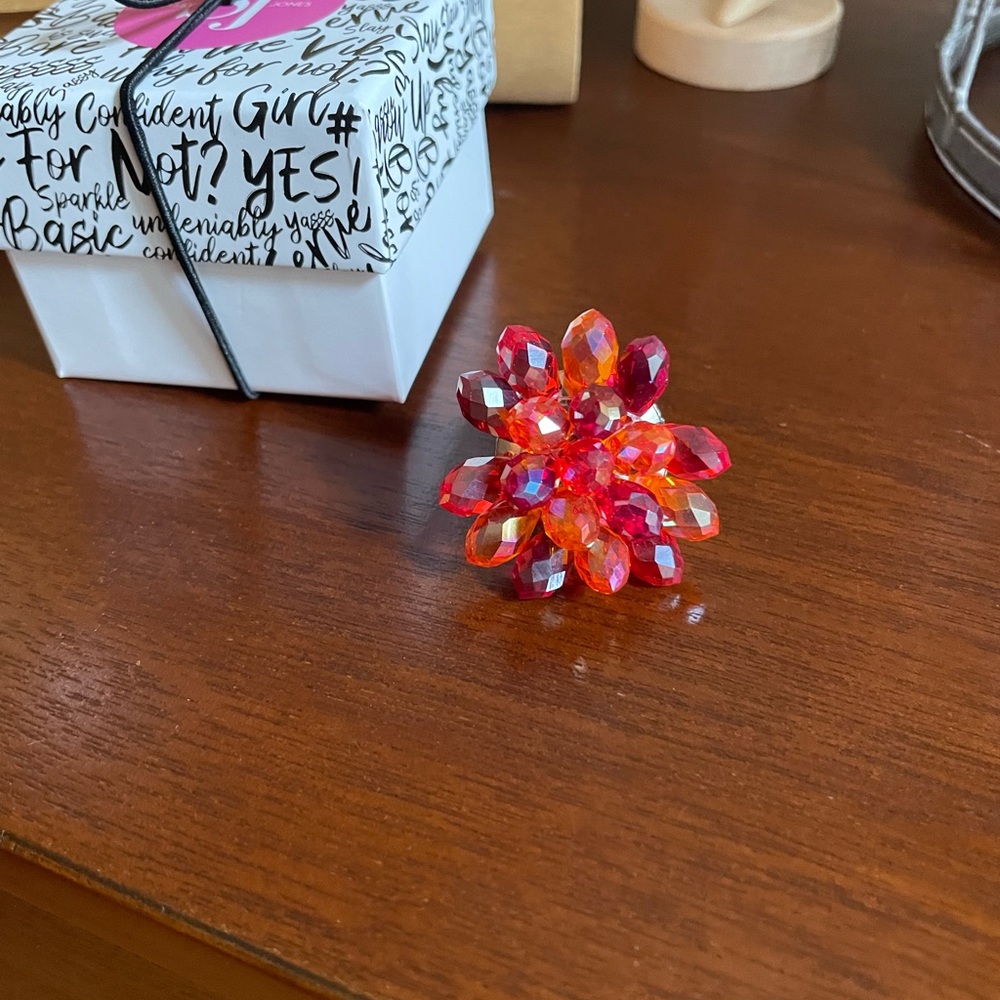 Sassy Jones Glass Sparkler Adjustable Silver Tone Ring, Never Worn
